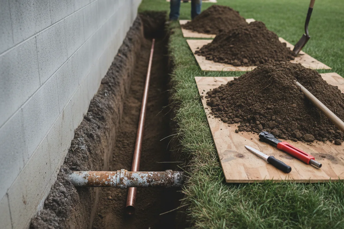 Excavated water line trench during Sewer Line Repair in Warnerville